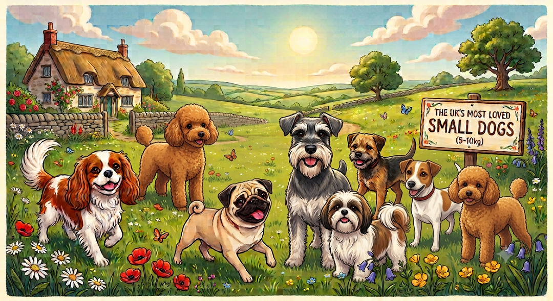 A colorful illustration of popular small dog breeds, including a Cavalier King Charles Spaniel, Jack Russell, Pug, and Schnauzer, happily playing together in a sunny UK countryside field with wildflowers.