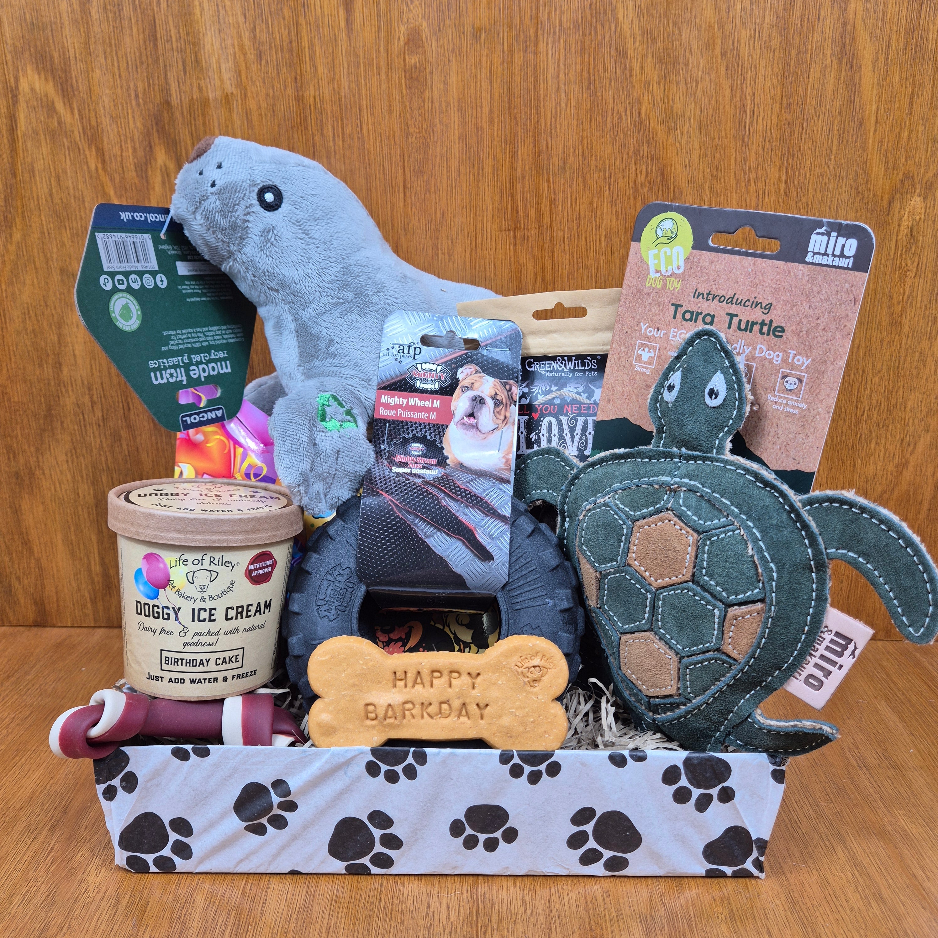 the birthday box for medium sized dogs with appropriate sized toys and treats
