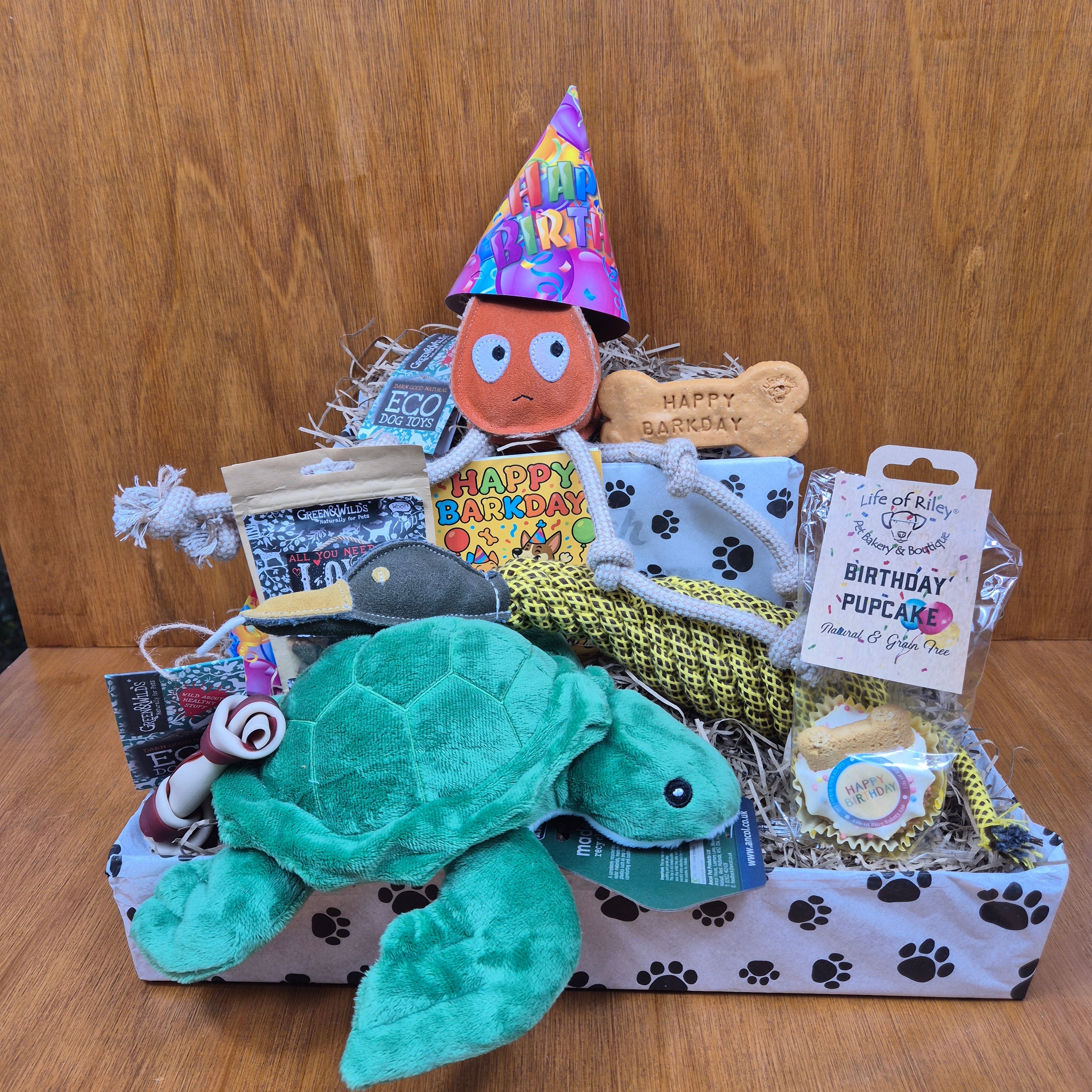 a birthday box for medium sized senior aged dogs full appropriate size toys and treats