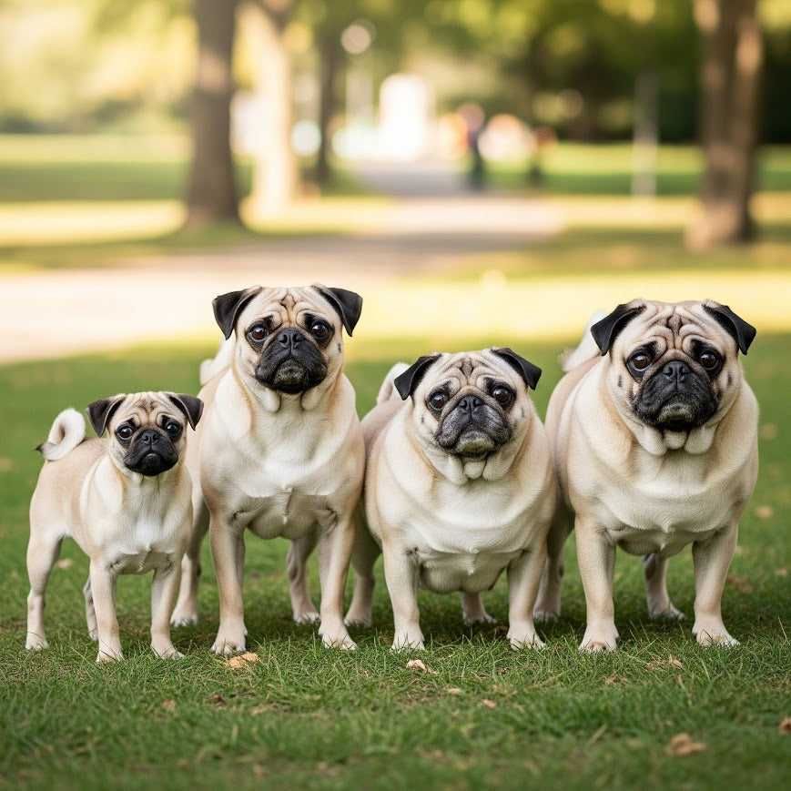 Four pugs standing on grass in a park, same breed name but different sizes, explianing the difference, not all are the same shape or size