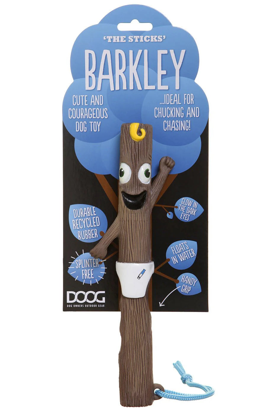 Studio shot 1 of the DOOG Baby Barkley recycled rubber fetch toy with glow in the dark eyes, supplied by Paw Branch.