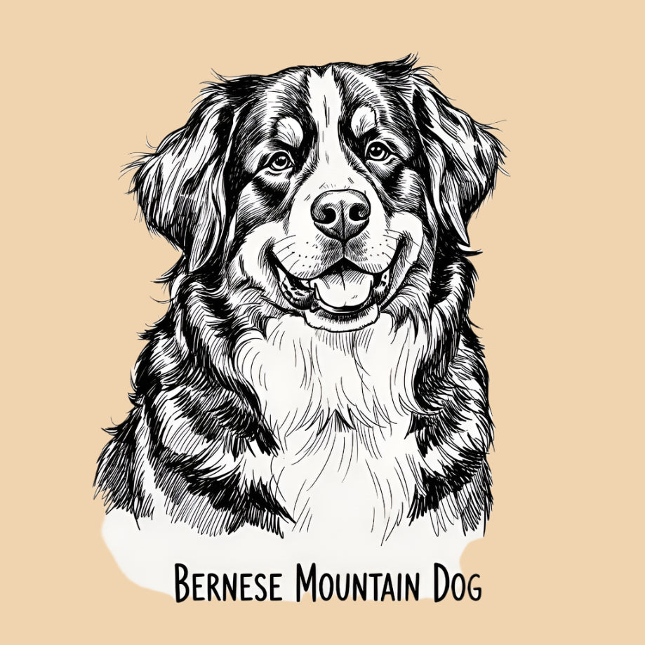Sketch of a Bernese Mountain Dog, extra large dog breed featured in The Puggly Club eco friendly birthday boxes