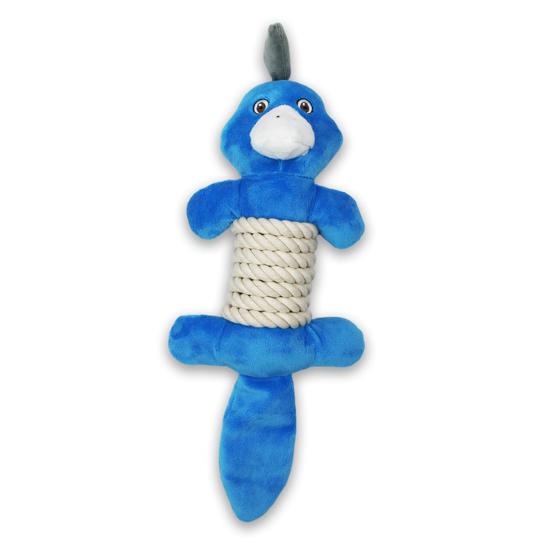 Studio shot of the blue ANCOL Made From Bird Bellies Plush Toy, highlighting the cotton rope center and plush ends, supplied by Paw Branch.