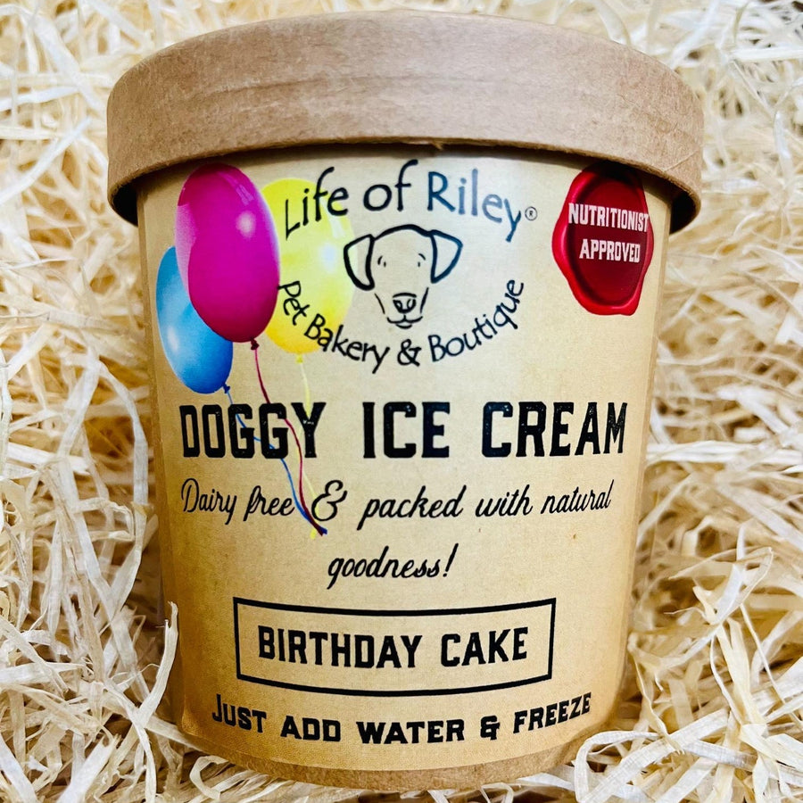 studio image of Birthday Cake flavoured Dog Ice Cream supplied by Paw Branch