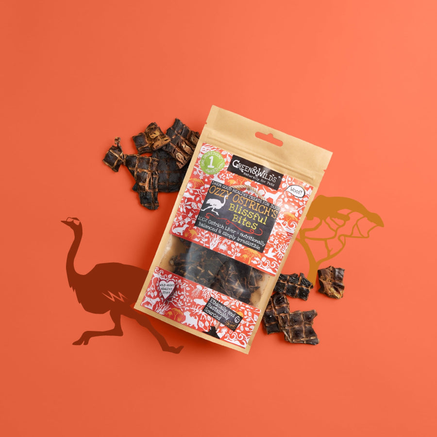 Package of Greenfield Pet's Ostrich Treats on an orange background with an ostrich silhouette.