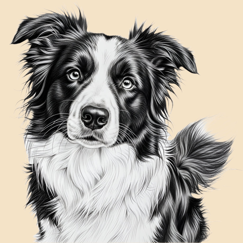 Sketch of a Border Collie, medium dog breed featured in The Puggly Club eco friendly birthday boxes