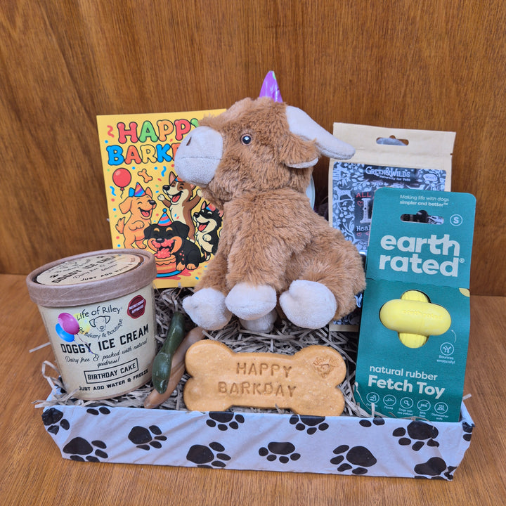 Bow Wow Birthday Box for extra small dogs, filled with a curated mix of healthy treats and eco-friendly toys.