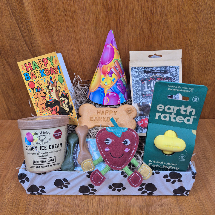 Treat extra small and senior extra small dogs with the Bow Wow Birthday Box full of eco toys and natural snacks.