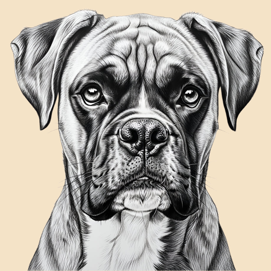 Sketch of a Boxer, large dog breed featured in The Puggly Club eco friendly birthday boxes