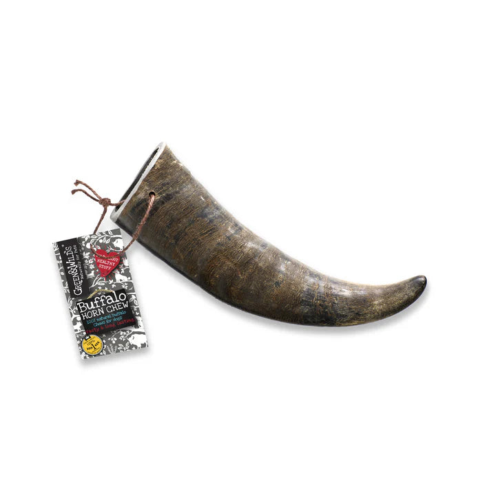 Buffalo horn chew with packaging on a white background