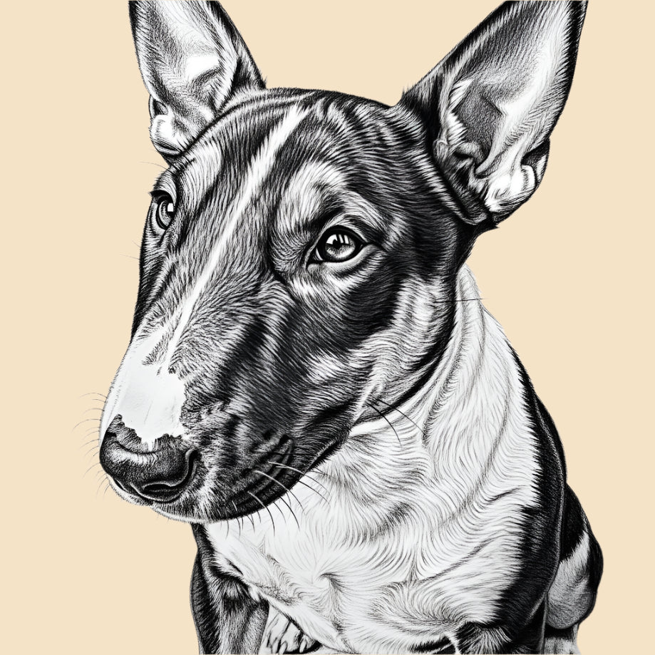 Sketch of a Miniature Bull Terrier, medium dog breed featured in The Puggly Club eco friendly birthday boxes