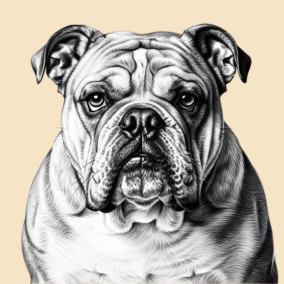Sketch of a Bulldog, large dog breed featured in The Puggly Club eco friendly birthday boxes