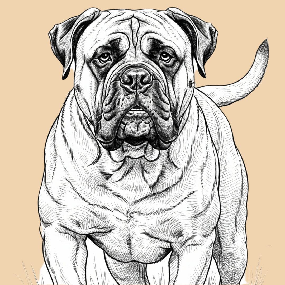 Sketch of a Bullmastiff, extra large dog breed featured in The Puggly Club eco friendly birthday boxes