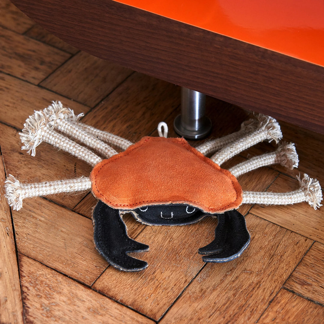 Carlos the Crab eco toy by Green and Wild’s made with jute, rope and suede for small, medium and large sized dogs supplied by Paw Branch