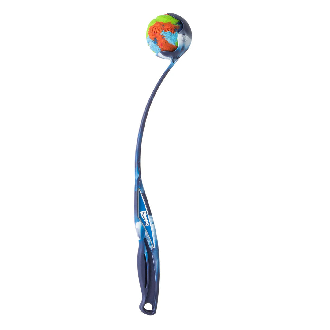 Close-up studio shot of the blue and orange marbled Chuckit! EcoFetch Sport Launcher, showcasing the unique recycled resin pattern, supplied by Paw Branch.