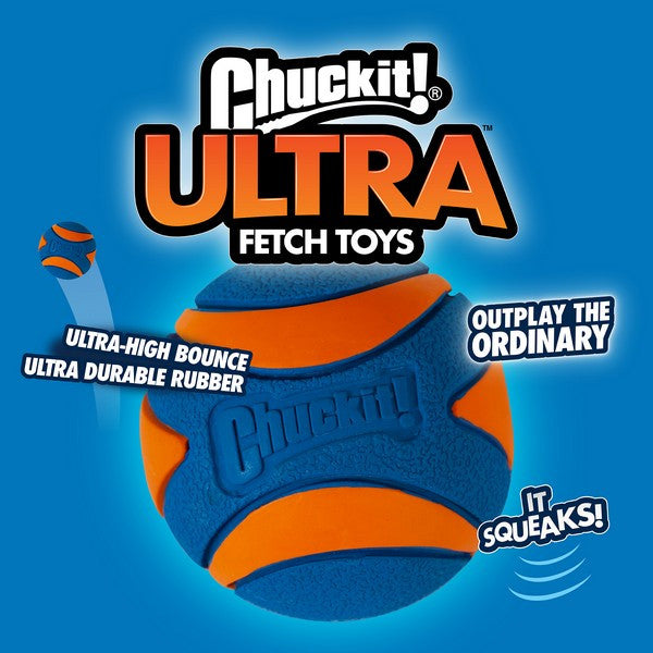 Chuckit! Ultra Fetch Toys ball on a blue background with branding and product features.