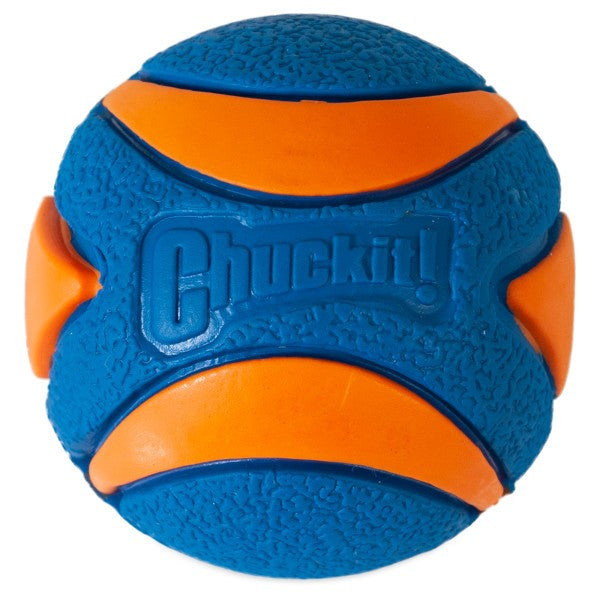Blue and orange textured ball with 'Chuckit!' branding on a white background