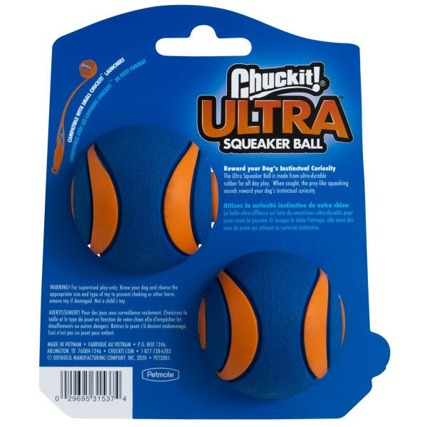 Chuckit! Ultra Squeaker Ball packaging with two blue and orange balls on a blue background.