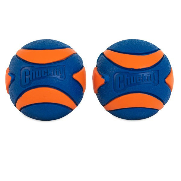 Two blue and orange dog toys with ' Chuckit!' branding on a white background