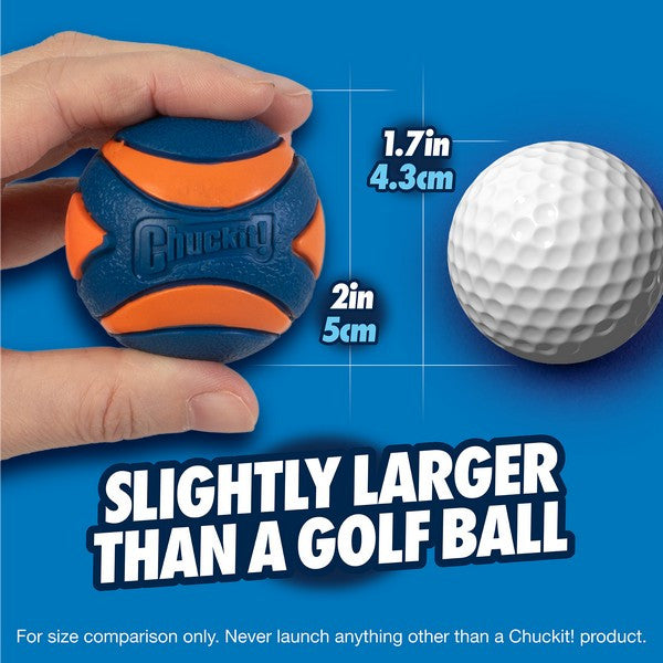 Chuckit! ball with size comparison to a golf ball on a blue background