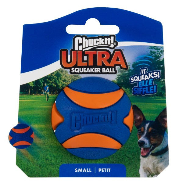 Chuckit! Ultra Squeaker Ball size small,  dog toy packaging with a blue and orange ball on a grassy field background.
