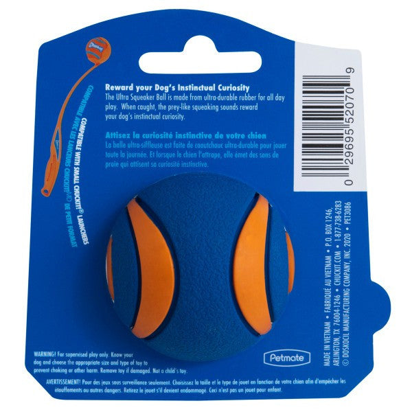 Blue and orange dog toy with packaging on a white background