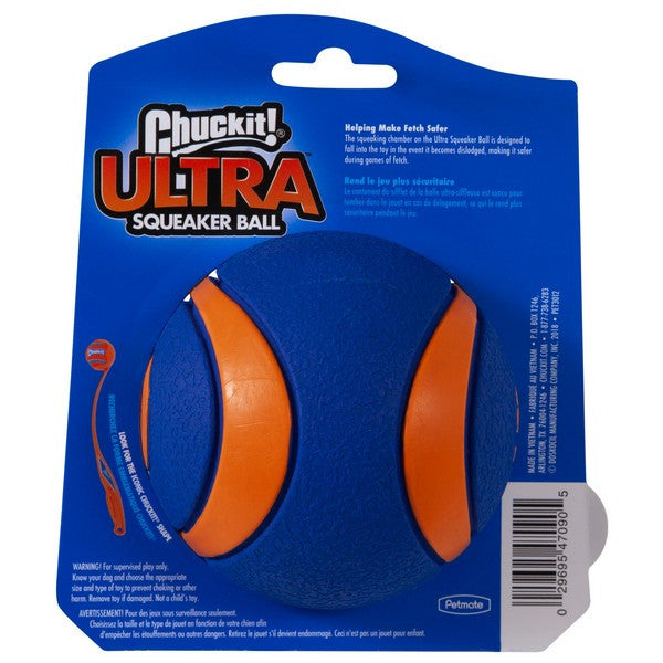Extra large Chuckit rubber dog ball with squeaker and floating design, durable fetch toy for outdoor and water play