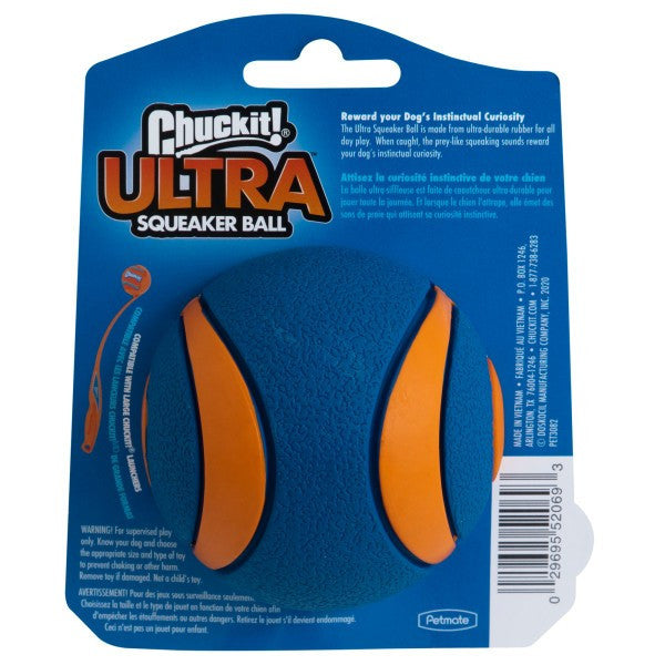 Large Chuckit rubber dog ball with squeaker and floating design, durable fetch toy for outdoor and water play