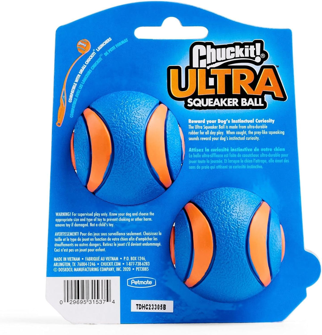 Pack of two medium Chuckit squeaker balls with durable rubber construction, high visibility dog fetch toys for interactive play