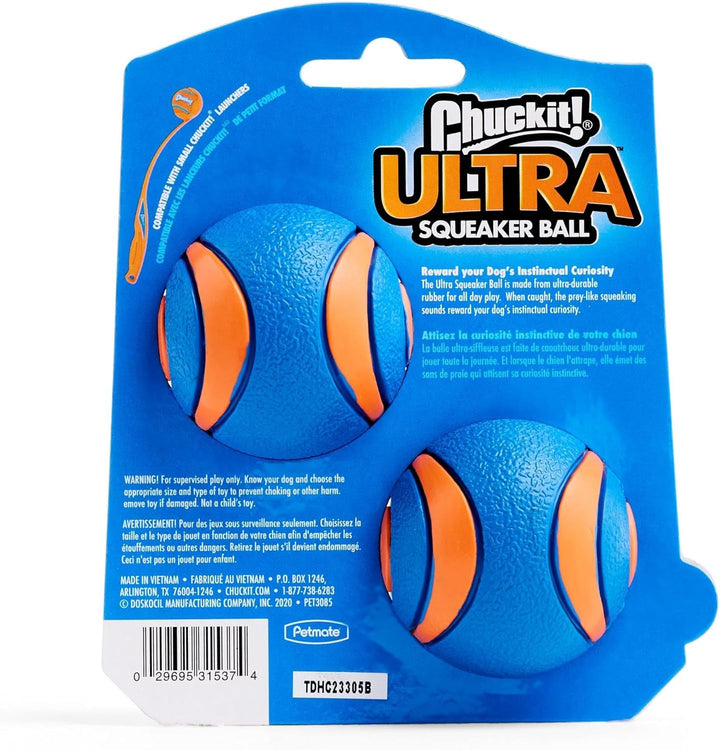 Pack of two medium Chuckit squeaker balls with durable rubber construction, high visibility dog fetch toys for interactive play