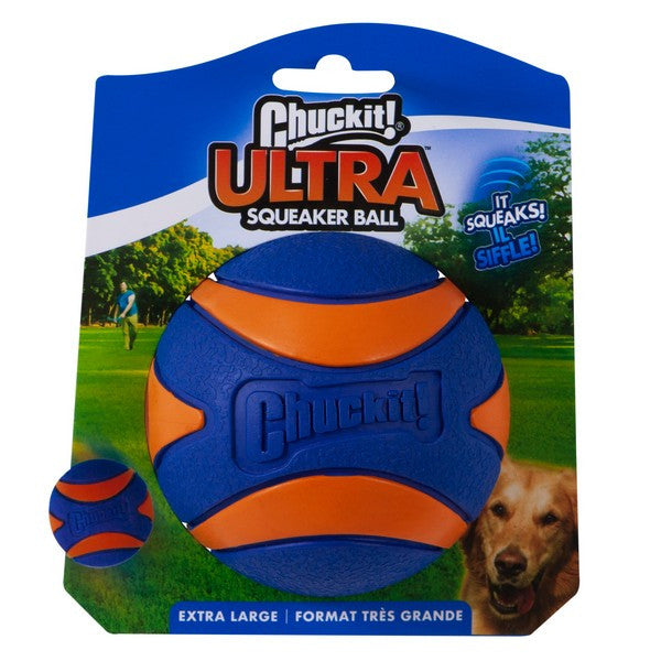Chuckit Ultra Squeaker Ball extra large in orange and blue made from natural rubber, high bounce dog fetch toy with built in squeaker