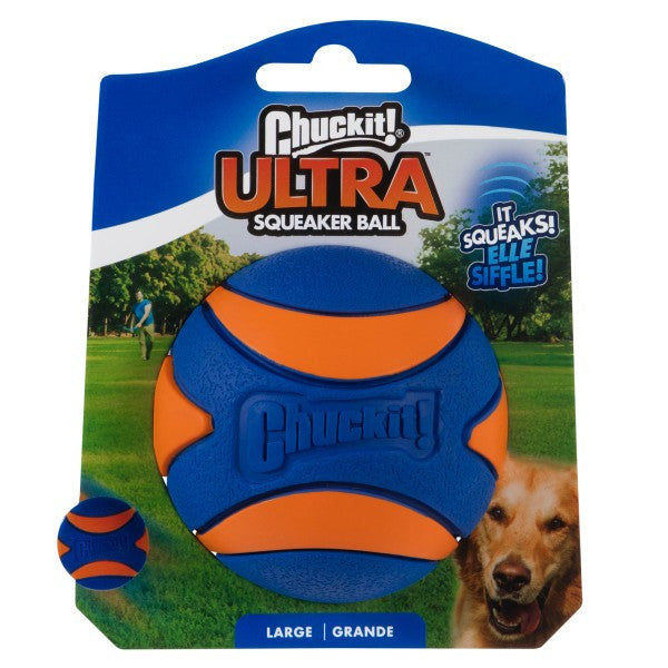 Chuckit Ultra Squeaker Ball large in orange and blue made from natural rubber, high bounce dog fetch toy with built in squeaker