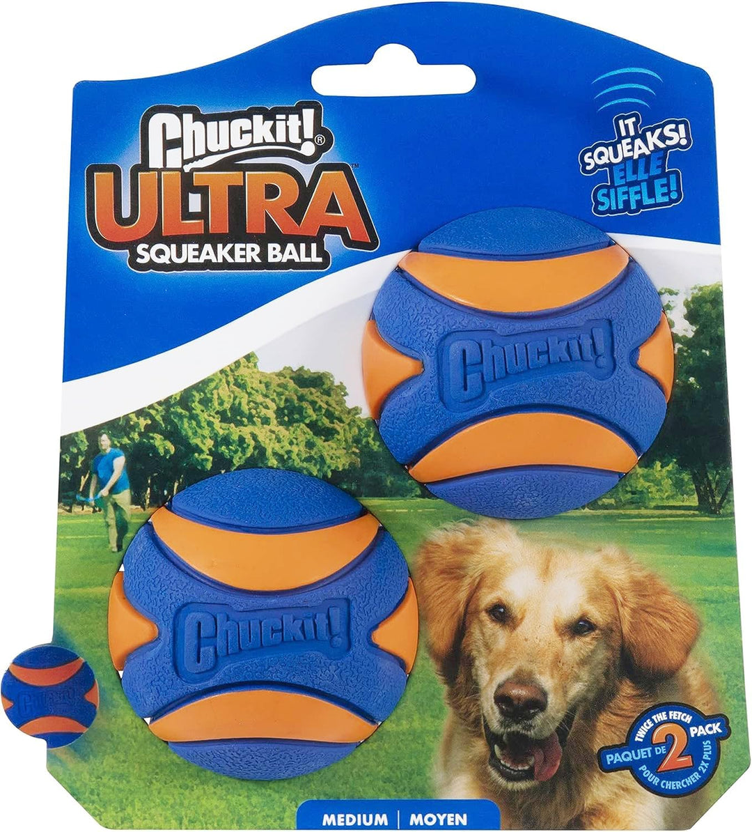 Two Chuckit Ultra Squeaker Balls medium size made from natural rubber, dog fetch toys with squeaker and high bounce design