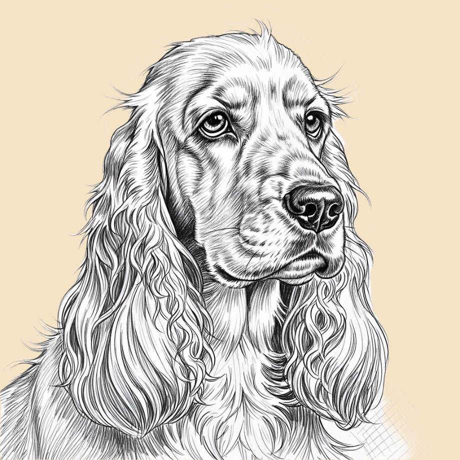 Sketch of a Cocker Spaniel, medium dog breed featured in The Puggly Club eco friendly birthday boxes