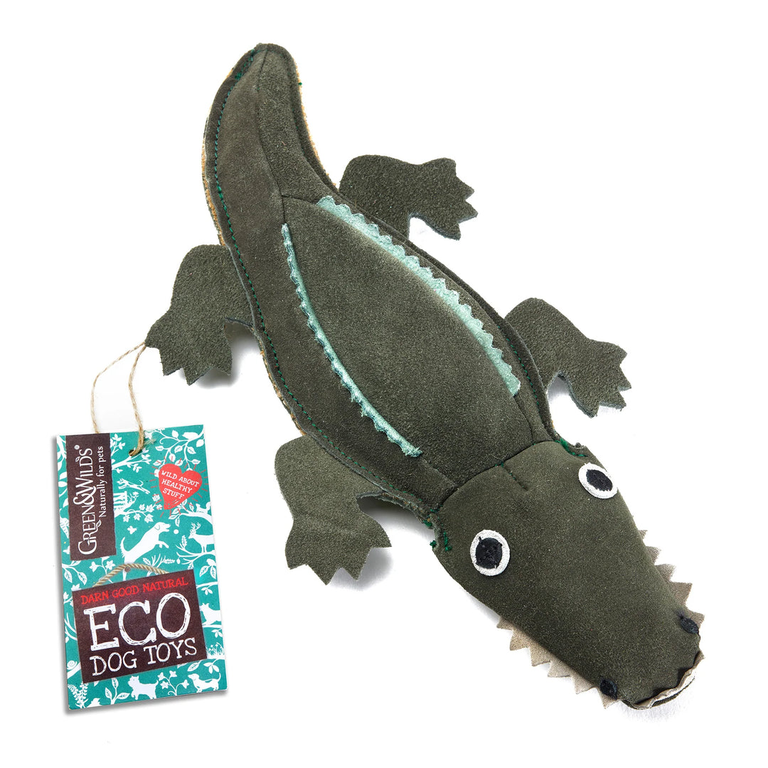 Colin the Crocodile eco dog toy by Green and Wild’s made with jute and suede, suitable for medium, large and extra large sized dogs supplied by Paw Branch