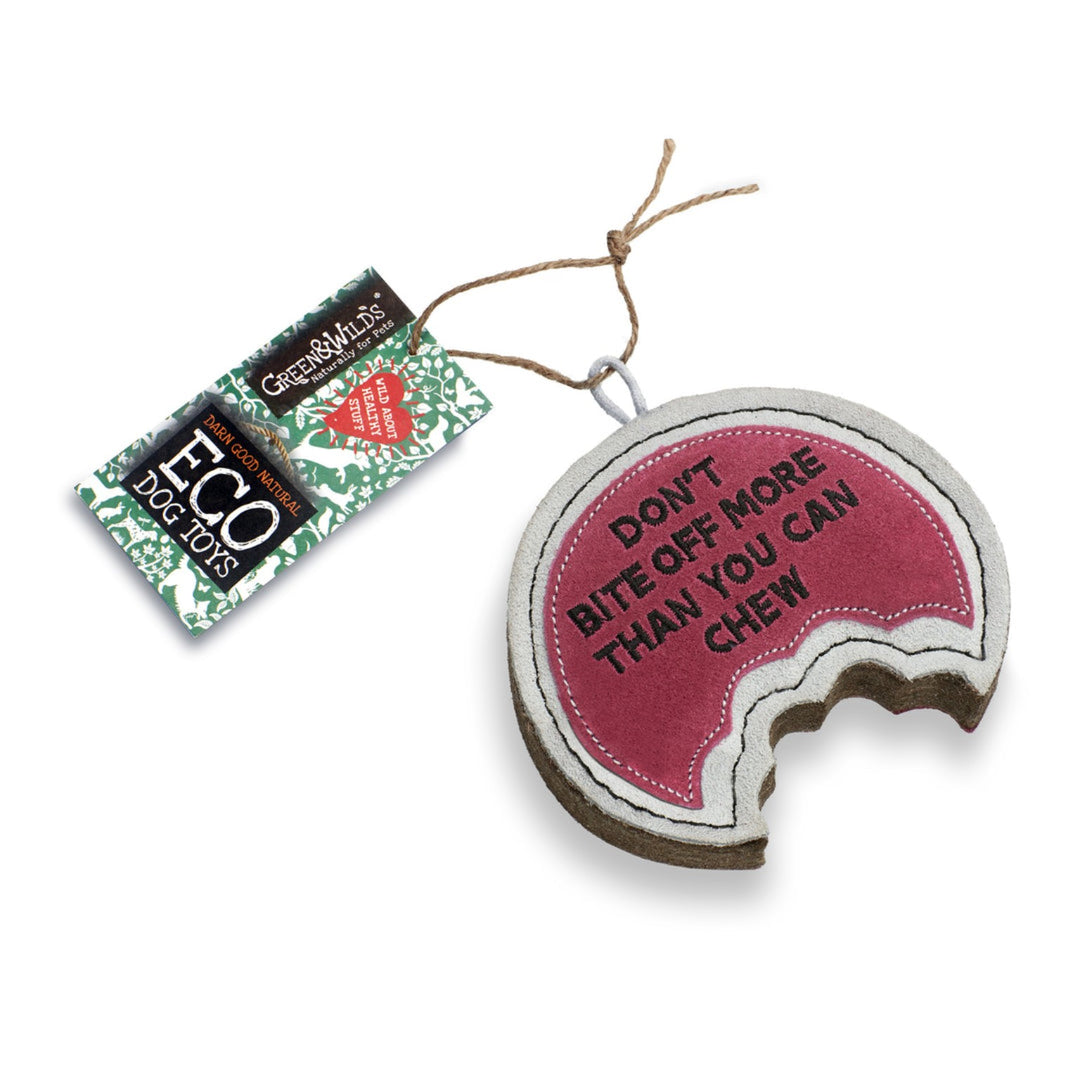 Don’t Bite Off More Than You Can Chew eco dog toy by Green and Wild’s made with felt and suede for medium and large dogs supplied by Paw Branch