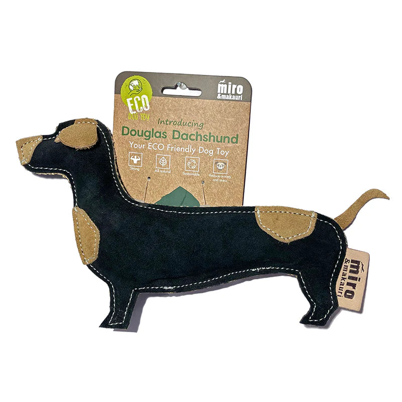 Studio shot of the eco friendly Miro and Makauri Douglas Dachshund leather and jute dog toy, supplied by Paw Branch.