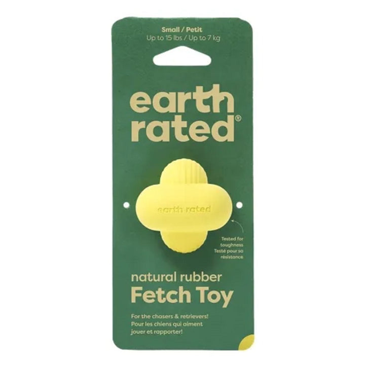 Yellow Earth Rated Fetch Ball small made from natural rubber with bubble knot shape, eco friendly dog toy for extra small dogs designed for interactive fetch play