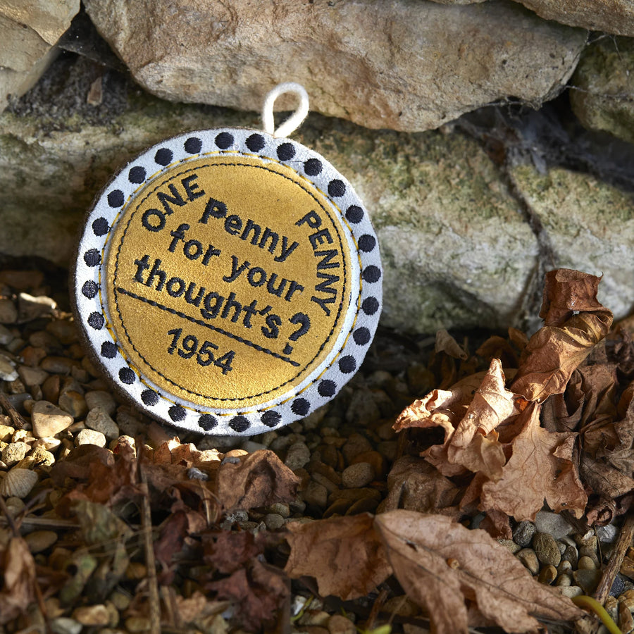 Eco friendly Penny for Your Thoughts dog toy by Green and Wild’s suitable for extra small and small dogs photographed outdoors on stones supplied by Paw Branch