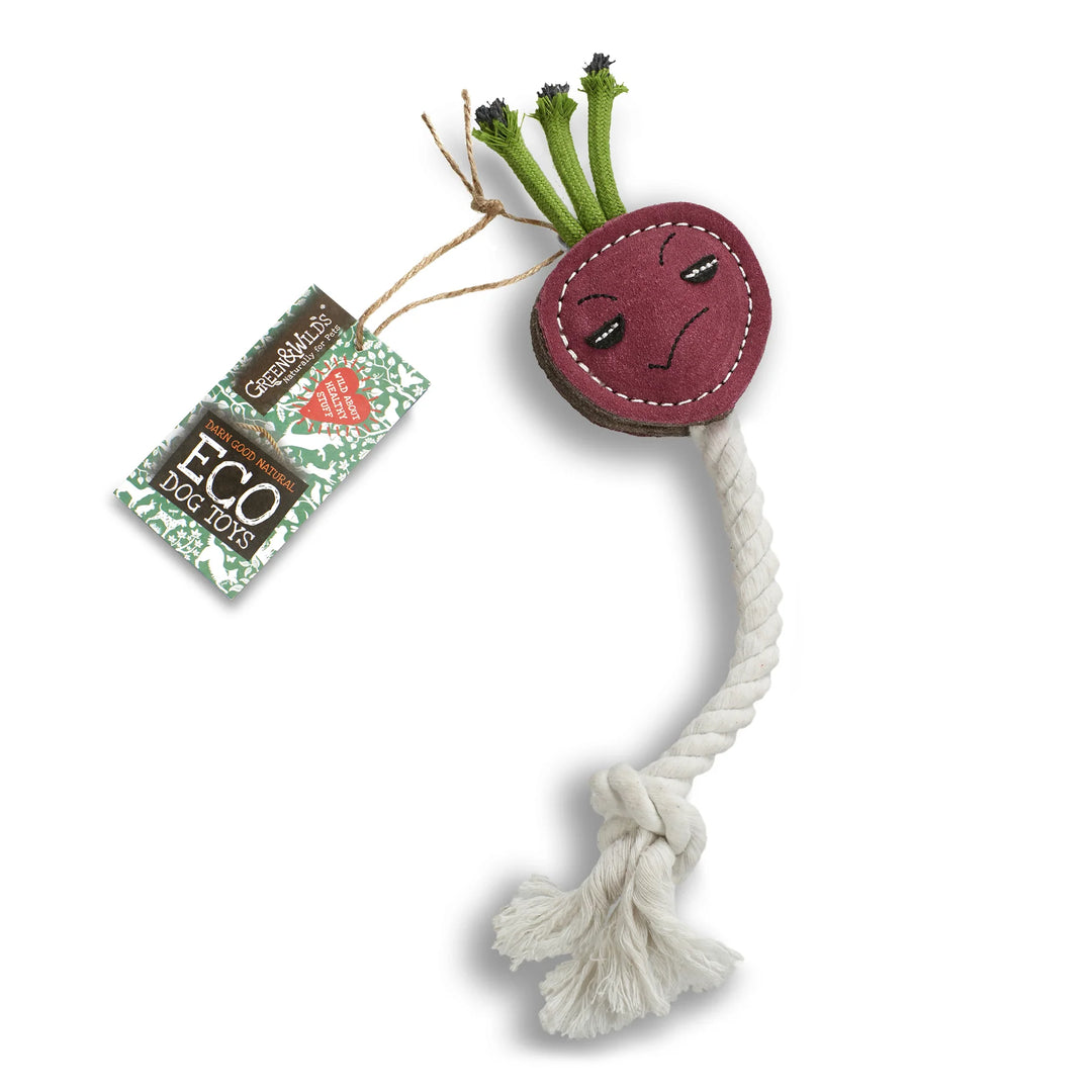 Eco friendly Ruby the Radish dog toy by Green and Wild’s suitable for extra small and small dogs with product tag attached supplied by Paw Branch