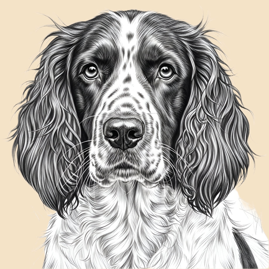 Sketch of an English Springer Spaniel, medium dog breed featured in The Puggly Club eco friendly birthday boxes