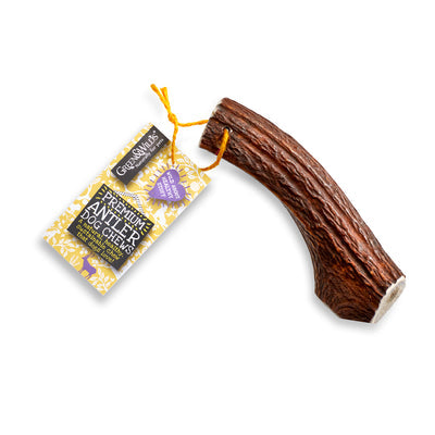 Dog antler extra large sized chew with packaging on a white background