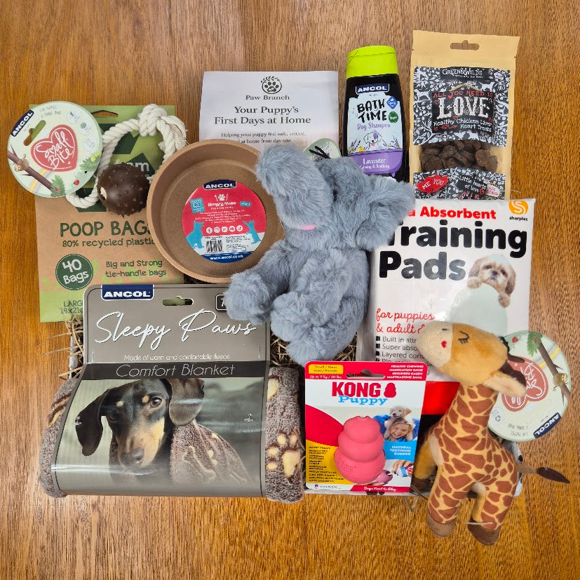 A flat lay of multiple dog training and comfort accessories arranged on a wooden surface, including a plush gray dog toy, a giraffe plush, a brown bowl, poop bags, training pads, Kong toys, a comfort blanket, and other pet products.