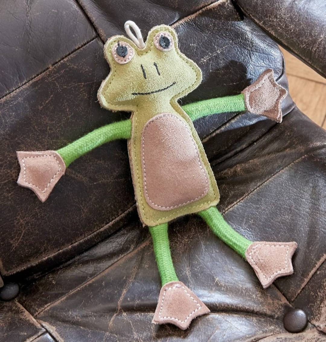 Francois Le Frog eco dog toy by Green and Wild’s made with jute and suede for extra small and small sized dogs supplied by Paw Branch