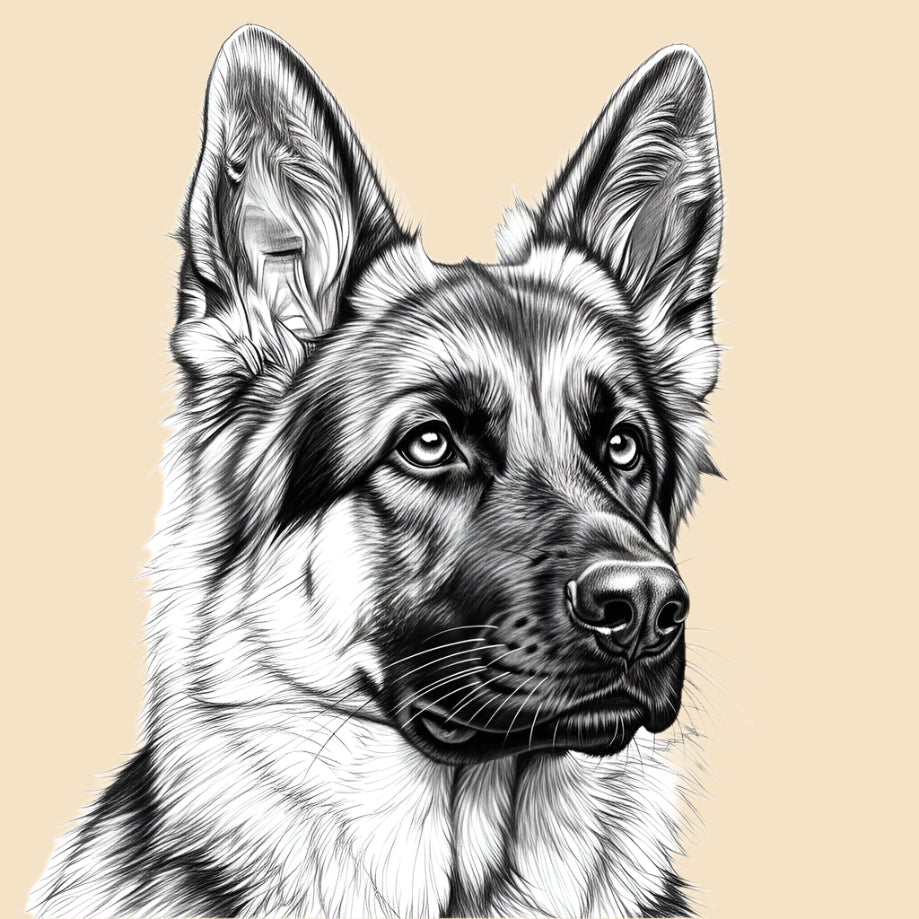 Sketch of a German Shepherd, large dog breed featured in The Puggly Club eco friendly birthday boxes