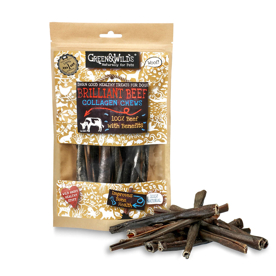 Package of Green & Wilds Brilliant Beef Collagen Chews for dogs with visible beef sticks on a white background.