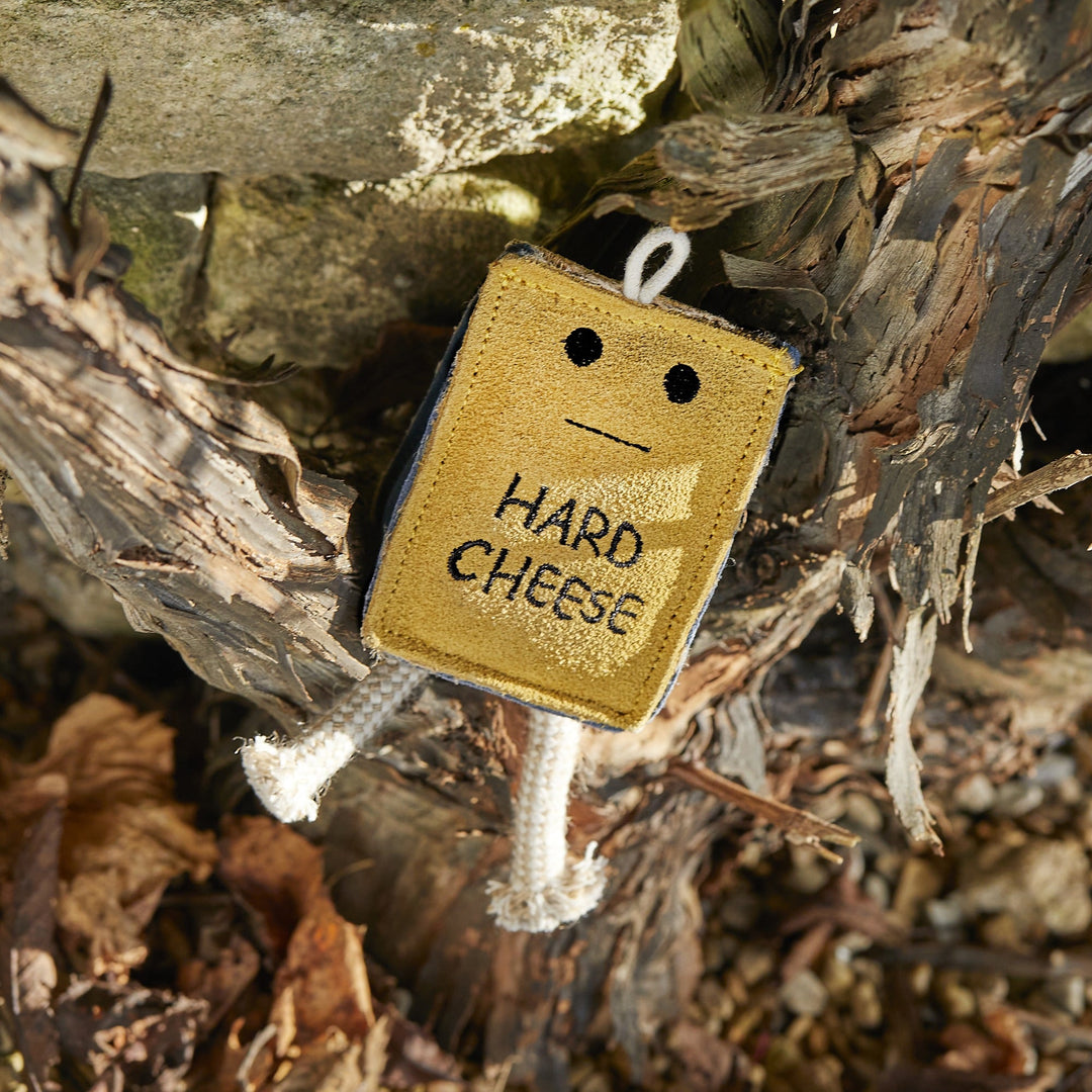 Close up view outdoors of the Hard Cheese dog toy showing suede body and jute rope legs, supplied by Paw Branch.