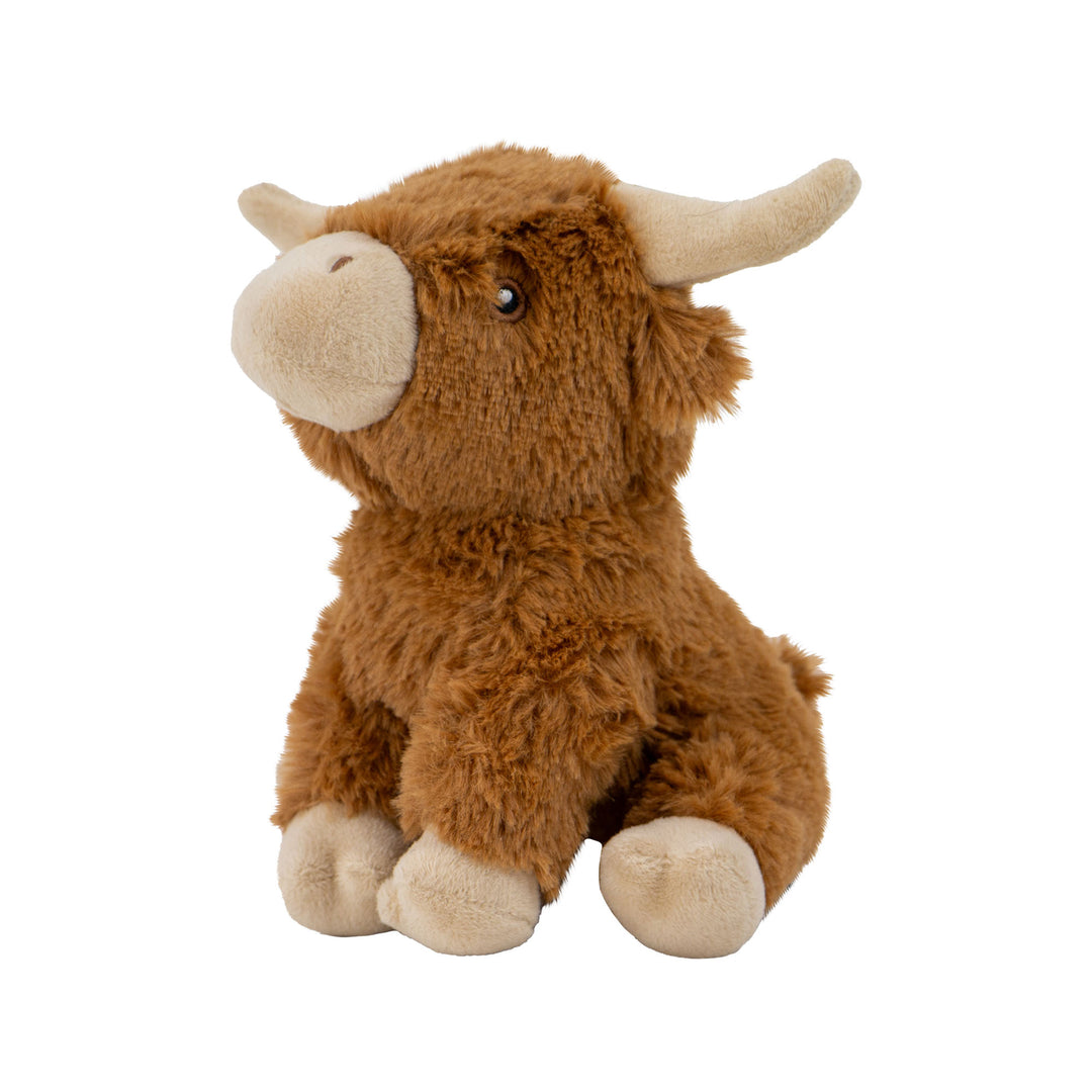 Studio shot of the ANCOL Small Bite Highland Cow plush toy, highlighting the soft recycled fabric and features, supplied by Paw Branch.
