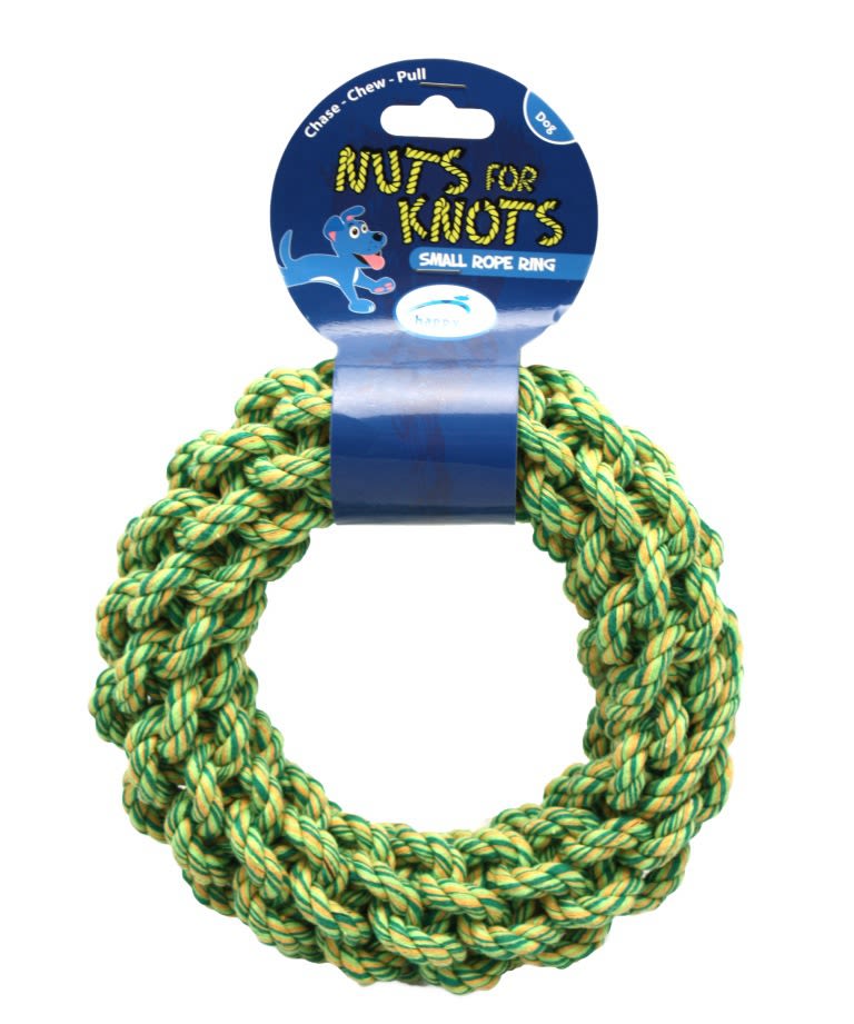 Close up of the natural cotton fibres and twisted rope design of the Happy Pet Nuts for Knots Rope Ring Small, supplied by Paw Branch.
