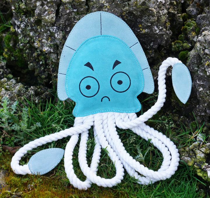 Oversized Jelly Fish hybrid plush chew toy by Aurora Paws in suede, jute and cotton rope for large and extra large dogs, supplied by Paw Branch.